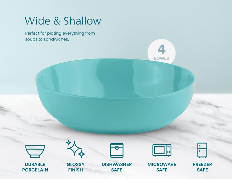 KooK Pasta Bowl, Salad Bowls, Soup, Serving Bowls, Ceramic, Large Capacity, Microwave & Dishwasher Safe, Set of 4, 40 Oz,(Light Turquoise) - Image 4