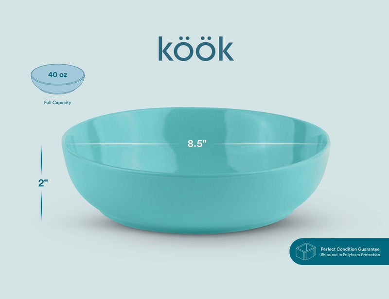KooK Pasta Bowl, Salad Bowls, Soup, Serving Bowls, Ceramic, Large Capacity, Microwave & Dishwasher Safe, Set of 4, 40 Oz,(Light Turquoise) - Image 5