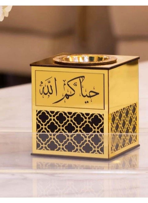 Black and gold acrylic reception diffuser and chimney with a distinctive design with decorations and a welcome phrase suitable for hospitality
