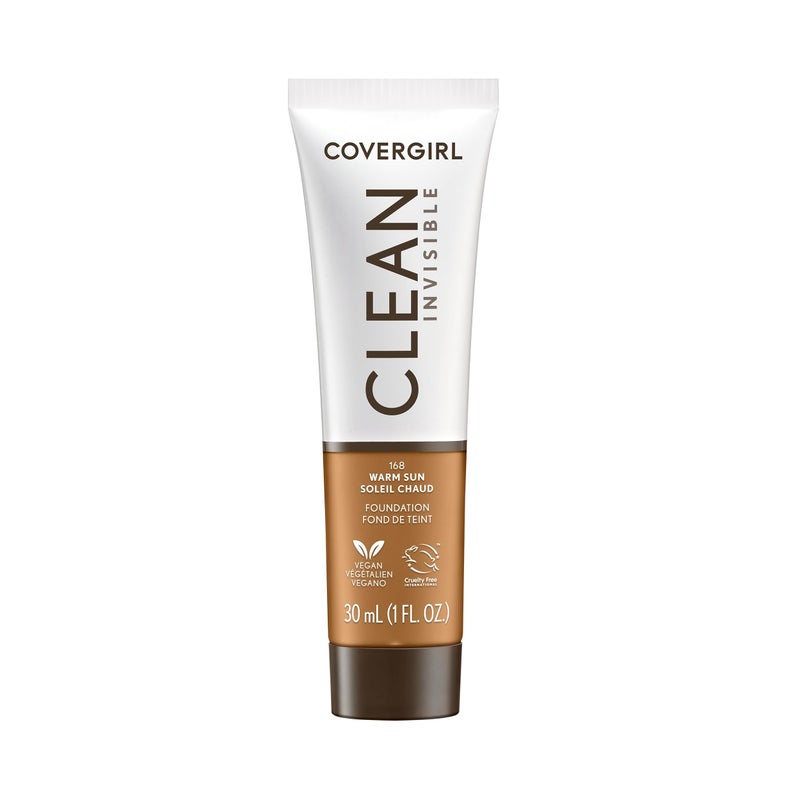 COVERGIRL Clean Invisible Foundation Makeup, Dewy & Glowy Natural Finish, Buildable Coverage, Skin-Like Smooth Look, Vegan, Warm Sun, 1oz - Image 1