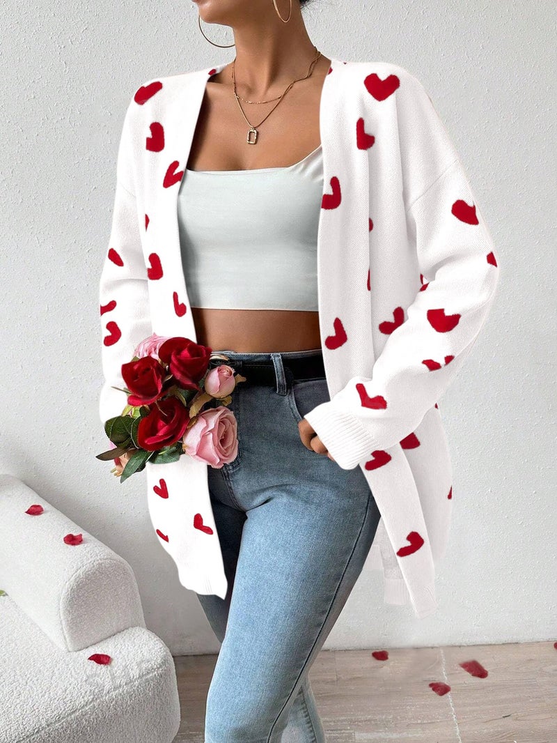 SECRETEYARD Womens Cute Heart Cardigans Oversized Long Sleeve Open Front Knit Sweaters White - Image 3