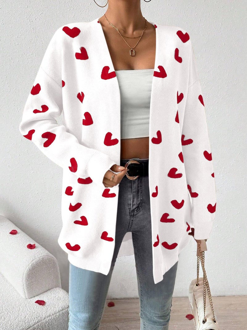 SECRETEYARD Womens Cute Heart Cardigans Oversized Long Sleeve Open Front Knit Sweaters White - Image 2
