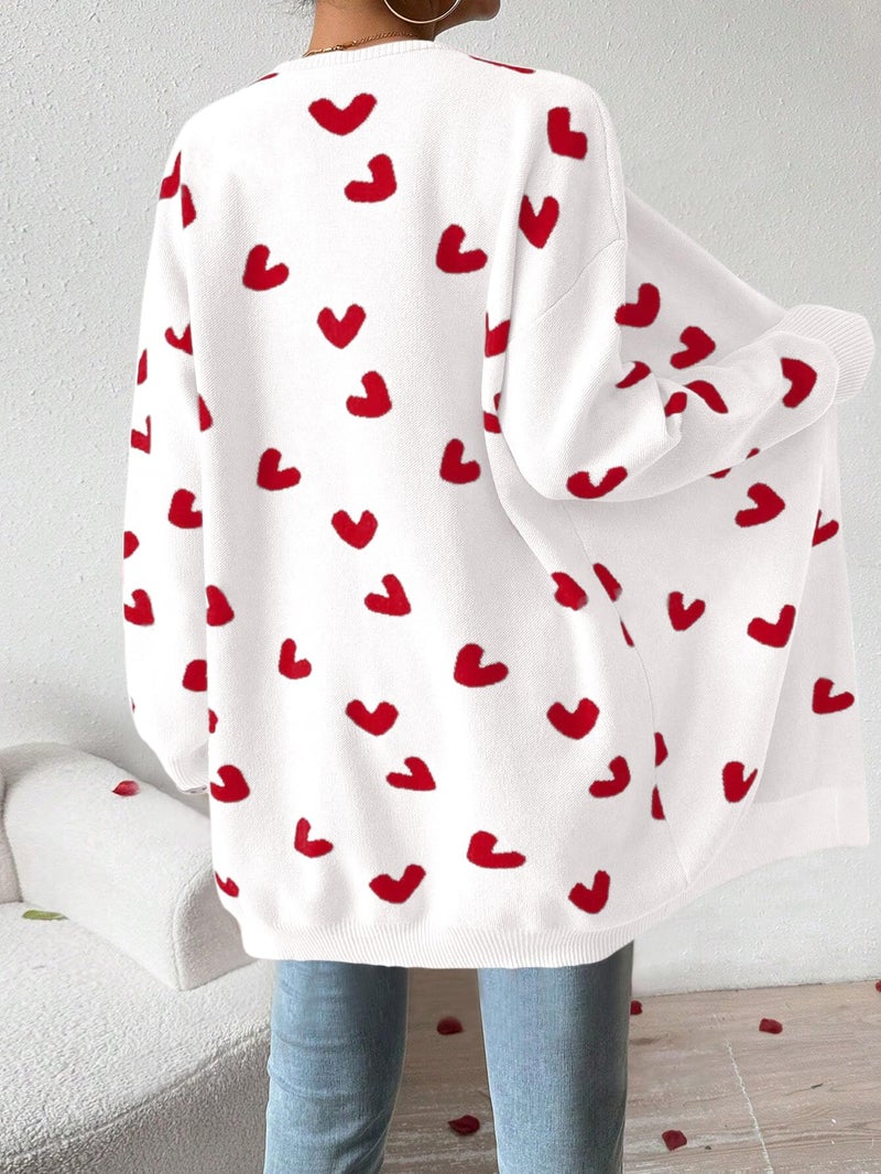 SECRETEYARD Womens Cute Heart Cardigans Oversized Long Sleeve Open Front Knit Sweaters White - Image 4