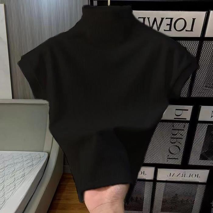Chanel Style Half-High Collar Short-Sleeved T-Shirt Women'S 2024 Slim-Fit Slimming Vertical Collar Short Top Ins Trendy - Image 1