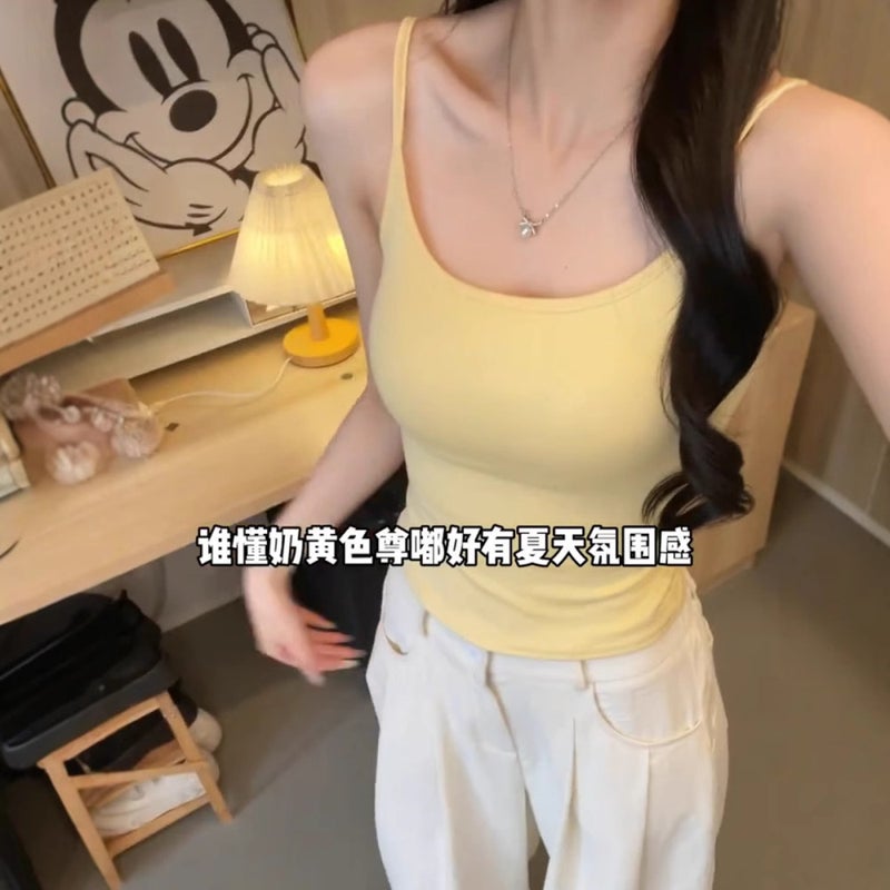 Women's Slim Fit Cotton Camisole with Built-in Pads, Short Length Summer Top - Image 1