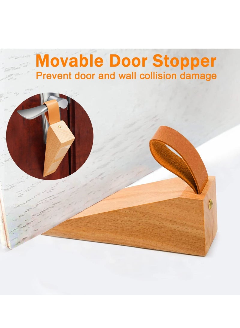 Wood Door Stopper, 2PCS Solid Wooden Non-slip Door Wedges with Leather Band, Door Stoppers for Bottom Seam of Door, 0.2-1.3 Door Wedge Stopper for Keep Door Open - Image 2