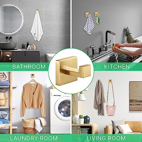 Fenas Heavy Duty Stainless Steel Towel Hooks, Wall Mounted Square Robe Hooks for Bathroom, Kitchen, Bedroom, Hotel Brushed Gold 2 Pack - Image 5
