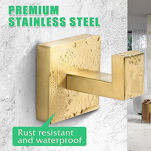 Fenas Heavy Duty Stainless Steel Towel Hooks, Wall Mounted Square Robe Hooks for Bathroom, Kitchen, Bedroom, Hotel Brushed Gold 2 Pack - Image 2