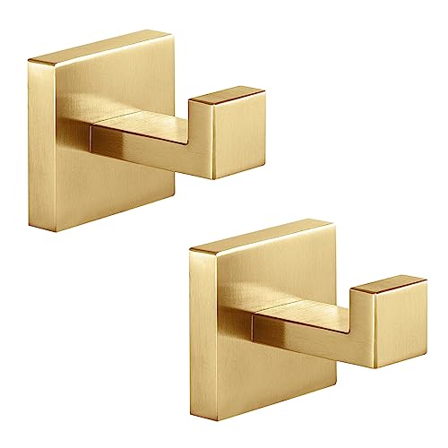 Fenas Heavy Duty Stainless Steel Towel Hooks, Wall Mounted Square Robe Hooks for Bathroom, Kitchen, Bedroom, Hotel Brushed Gold 2 Pack - Image 1