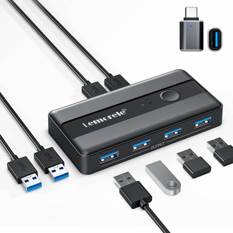 Lemorele مفتاح تحديد USB 3.0 لمشاركة 2 كمبيوتر مع 4 أجهزة USB، صندوق مفتاح محيطي 4 منافذ للكمبيوتر، الفأرة، لوحة المفاتيح، الطابعة، الماسح الضوئي مع 2 كابل USB، متوافق مع ويندوز/ماك/لينكس - Image 1