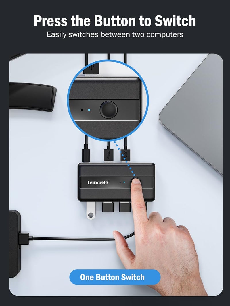 Lemorele مفتاح تحديد USB 3.0 لمشاركة 2 كمبيوتر مع 4 أجهزة USB، صندوق مفتاح محيطي 4 منافذ للكمبيوتر، الفأرة، لوحة المفاتيح، الطابعة، الماسح الضوئي مع 2 كابل USB، متوافق مع ويندوز/ماك/لينكس - Image 3