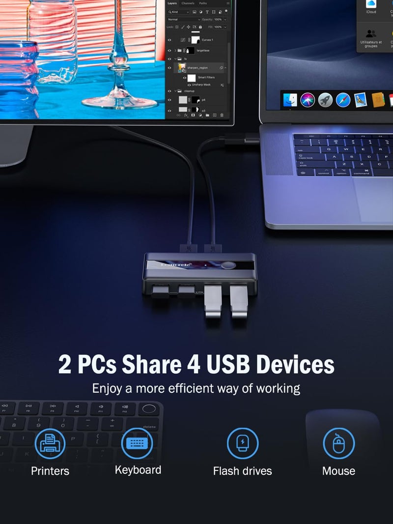 Lemorele مفتاح تحديد USB 3.0 لمشاركة 2 كمبيوتر مع 4 أجهزة USB، صندوق مفتاح محيطي 4 منافذ للكمبيوتر، الفأرة، لوحة المفاتيح، الطابعة، الماسح الضوئي مع 2 كابل USB، متوافق مع ويندوز/ماك/لينكس - Image 5