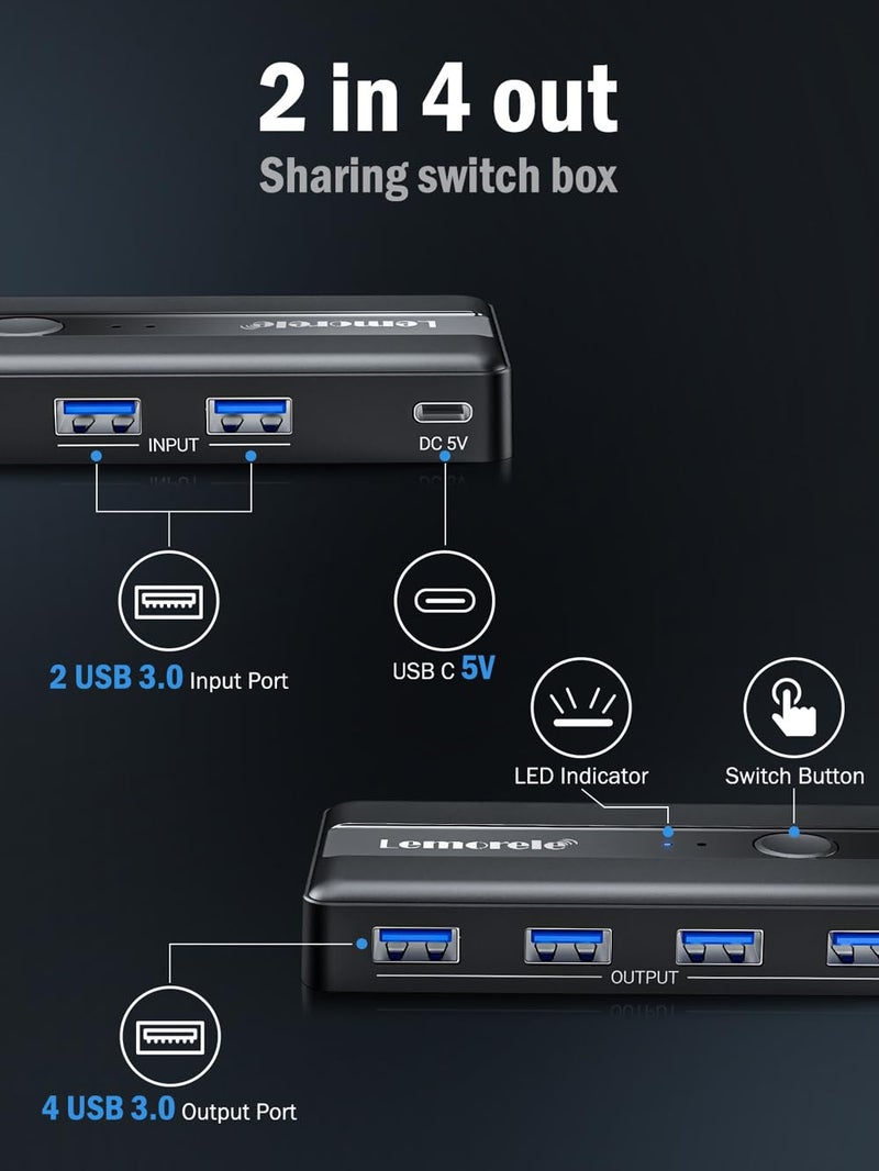 Lemorele مفتاح تحديد USB 3.0 لمشاركة 2 كمبيوتر مع 4 أجهزة USB، صندوق مفتاح محيطي 4 منافذ للكمبيوتر، الفأرة، لوحة المفاتيح، الطابعة، الماسح الضوئي مع 2 كابل USB، متوافق مع ويندوز/ماك/لينكس - Image 4