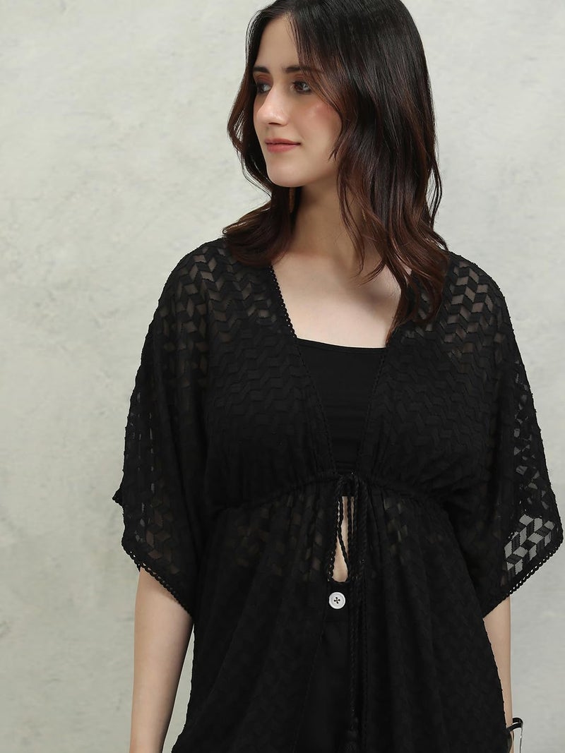 Vishudh Women High-Low 3/4th Sleeve Shrug VNSG000040 Black M - Image 2