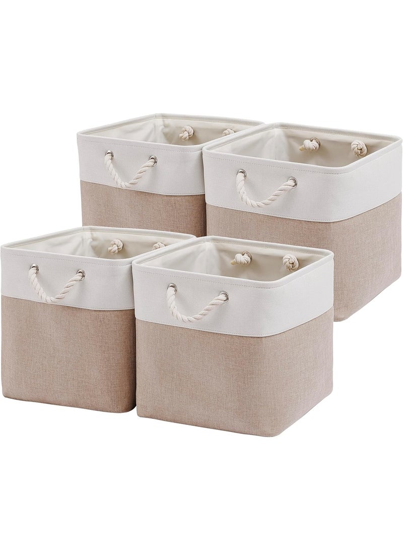 Storage Bins for Organizing (4 Pack), Extra Large Fabric Storage Baskets for Shelves with Ropes, Foldable Storage Cubes for Home, Office,Closet, Clothes, Toys Organizer(White & Beige 13x13x13 inch) - Image 1
