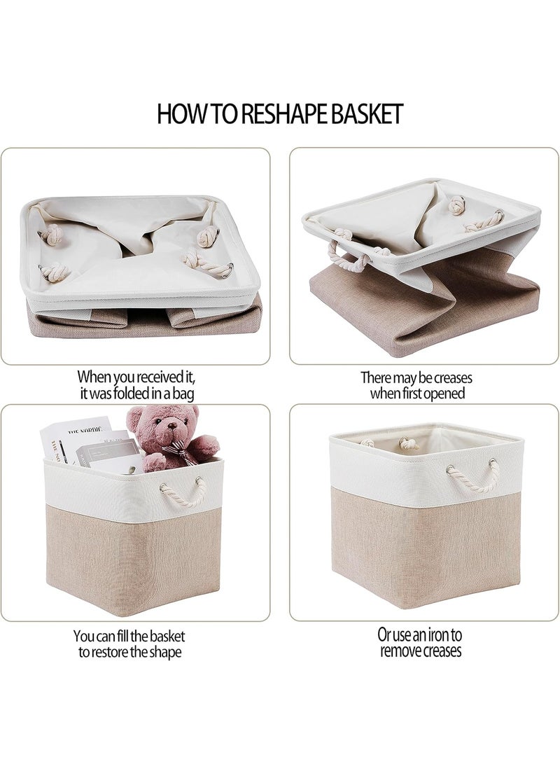 Storage Bins for Organizing (4 Pack), Extra Large Fabric Storage Baskets for Shelves with Ropes, Foldable Storage Cubes for Home, Office,Closet, Clothes, Toys Organizer(White & Beige 13x13x13 inch) - Image 5