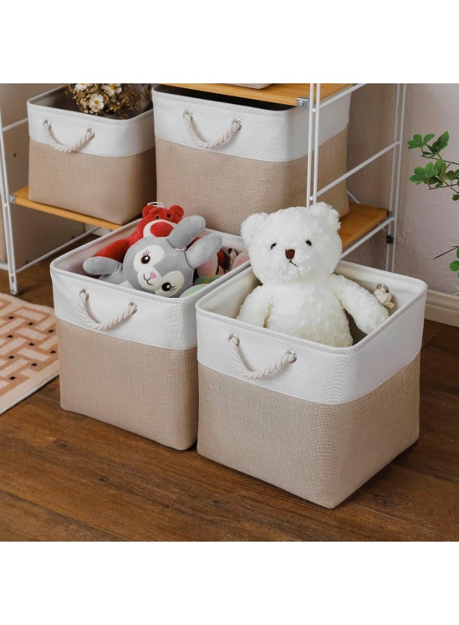 Storage Bins for Organizing (4 Pack), Extra Large Fabric Storage Baskets for Shelves with Ropes, Foldable Storage Cubes for Home, Office,Closet, Clothes, Toys Organizer(White & Beige 13x13x13 inch) - Image 2