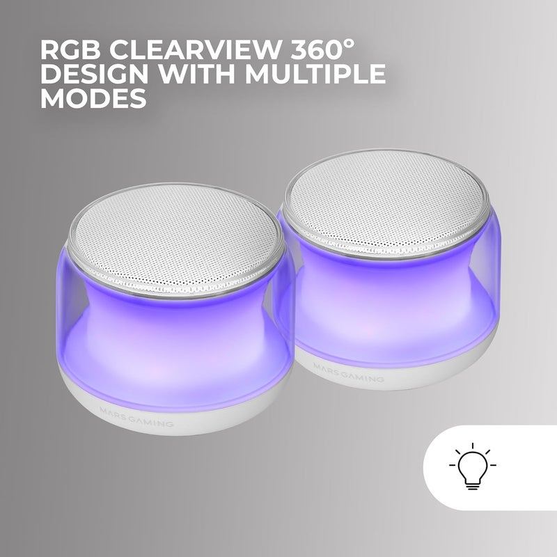 مارس_جيمنج مارس جيمنج MS-Aura، مكبر صوت بلوتوث 5.3، شريحة DSP 15 واط، إضاءة RGB بتصميم Clearview 360º، مكبرات صوت مدمجة مع صندوق تحكم في مستوى الصوت وRGB، مدخل Aux-in، أبيض - Image 3