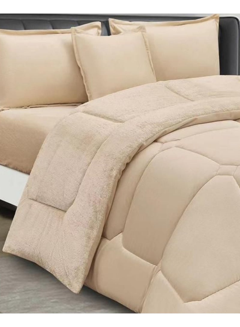 مينجلي مفرش شتوي نفرين نظام وجهين وجه مخمل وجه فرو - طقم مفارش 6 قطع ( 1 مفرش + 1 واقي مرتبة مطاط + 4 أغطية وسائد ديكورية )  مقاس المفرش 230X250 سم ومقاس واقي المرتبة 200×200+40 سم - Image 4