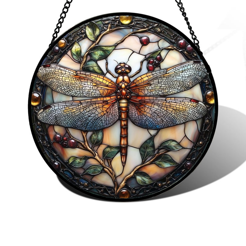 DASTOLL Stained Glass Window Hanging - Dragonfly Plant Suncatcher Ready to Hang Window Doors Home Decoration, Christmas, Mother's Day Birthday Gifts for Women, Men, and Mom 7.8x7.8 in - Image 1