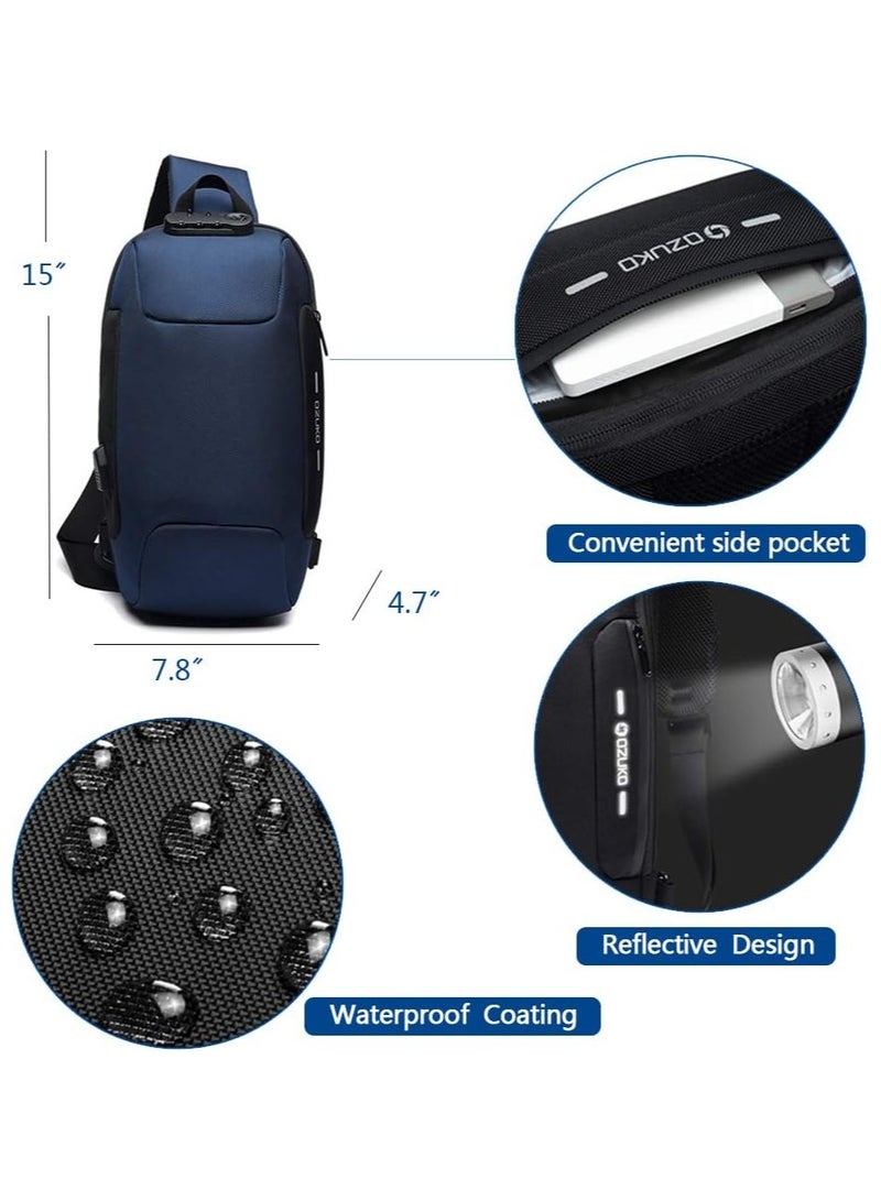 أوزوكو شنطة كتف مضادة للسرقة كروس مقاومة للماء مع منفذ شحن USB , خفيفة الوزن لون ازرق/ اسود - Image 3
