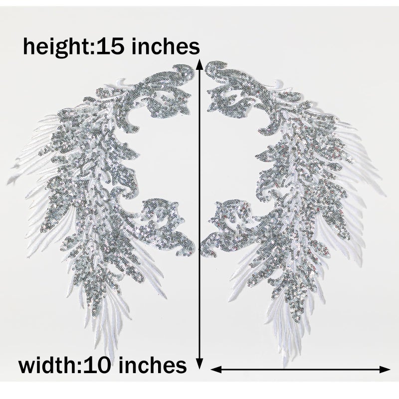 Silvora Pair Embroidery Phoenix Costume Sequin Appliques Patches, Peacock Feather Tail Applique Embellishments for Dance Dresses,Clothes,T-Shirtï¼ŒNeckline Bodice Pants (Silver) - Image 3