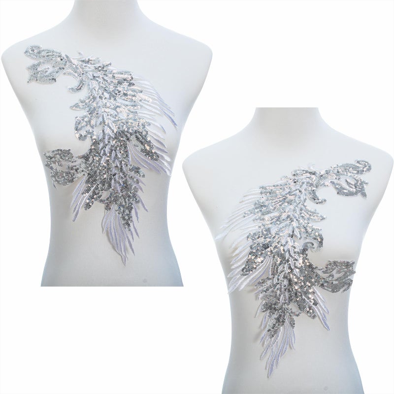 Silvora Pair Embroidery Phoenix Costume Sequin Appliques Patches, Peacock Feather Tail Applique Embellishments for Dance Dresses,Clothes,T-Shirtï¼ŒNeckline Bodice Pants (Silver) - Image 2