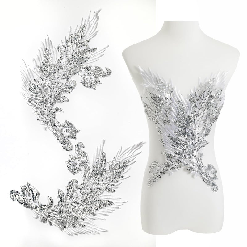 Silvora Pair Embroidery Phoenix Costume Sequin Appliques Patches, Peacock Feather Tail Applique Embellishments for Dance Dresses,Clothes,T-Shirtï¼ŒNeckline Bodice Pants (Silver) - Image 1