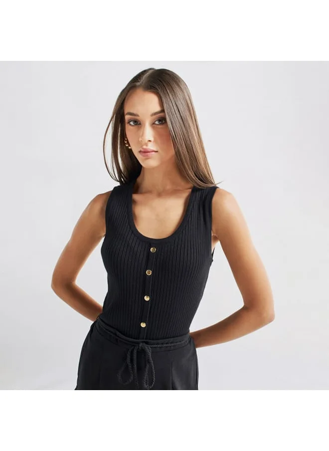 FAV Ribbed Sleeveless Top with Button Detail