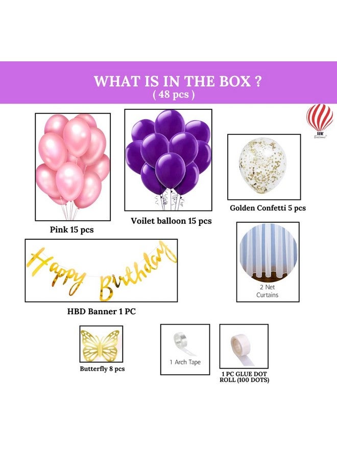 HK balloons Pack of 48 Pcs Butterfly Birthday Decoration Item Purple Birthday Decoration Set For Girls Backdrop Decoration Kit Birthday Decorations for Women With White Cloth Curtain & Gold Confetti - Image 2