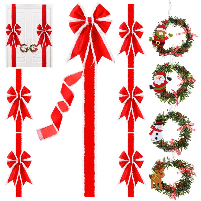 Ysleen 6 Pcs Christmas Cabinet Ribbon Bows Festive Large Xmas Bows and 4 Pcs Christmas Pine Wreath with Snowman Santa Claus Artificial Xmas Front Door Wreath for Winter PartyRed and White - Image 2
