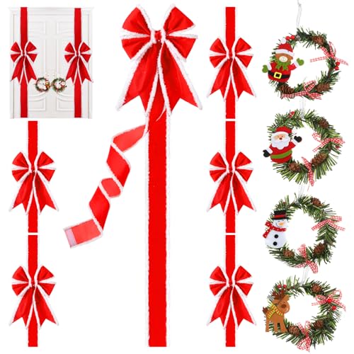 Ysleen 6 Pcs Christmas Cabinet Ribbon Bows Festive Large Xmas Bows and 4 Pcs Christmas Pine Wreath with Snowman Santa Claus Artificial Xmas Front Door Wreath for Winter PartyRed and White - Image 1