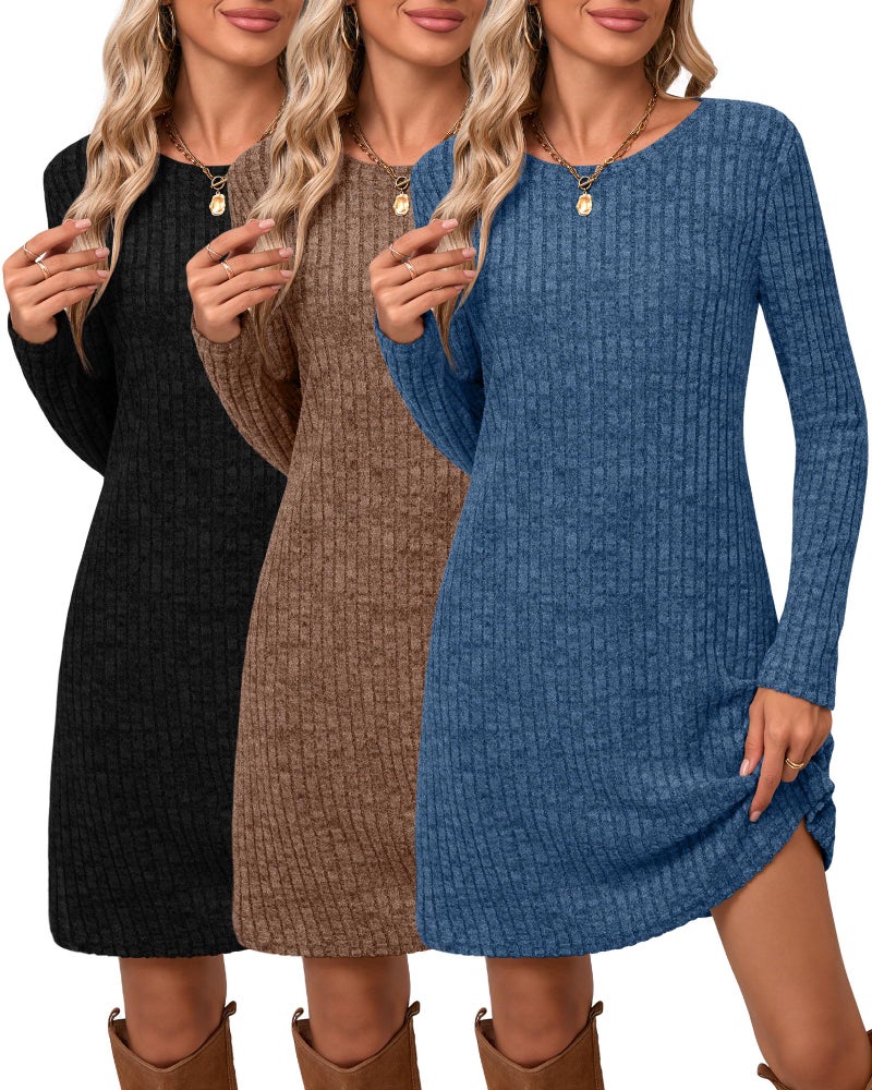 Riyiper 3 Pack Womens Long Sleeve Sweater Tunic Dresses Loose Fitting Knit Crew Neck for Casual Fall WinterBlack Brown NavyMedium