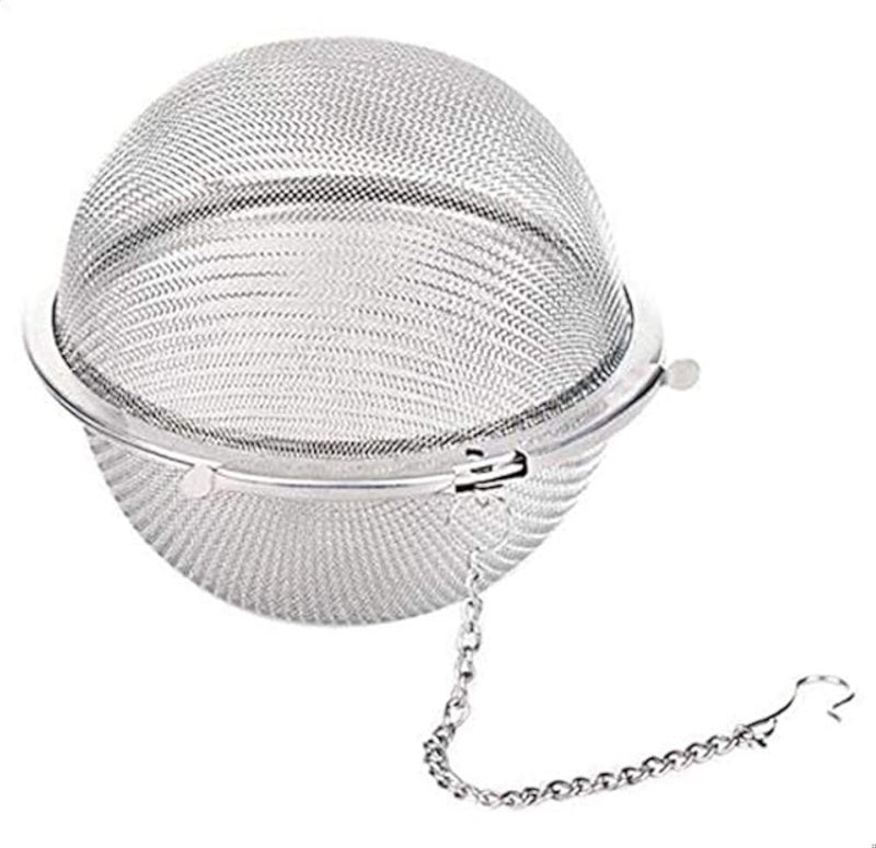 مصفاة شاي من الفولاذ المقاوم للصدأ، مزودة بشبكة ترشيح وملعقة وسلسلة تعليق.