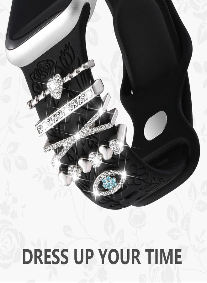 DaQin Flower Engraved Band Compatible with Apple Watch Bands 44mm for Women 42mm 45mm 49mm, Soft Silicone Band With Decorative Apple Watch Charms for iWatch Series 9 8 7 6 5 4 3 2 1 SE (with Band) - Image 3