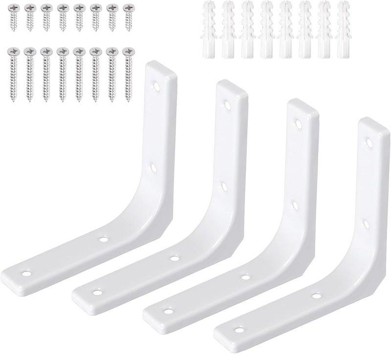 Swpeet 4 Pack 4"L x 4"H Iron Wall Shelf Bracket, Heavy Duty Shelf Support Bracket, Floating Shelf Bracket, Decorative Joint Angle L Steel Bracket Kit Contains 16/40MM Screws, Anchors for Home, White - Image 1