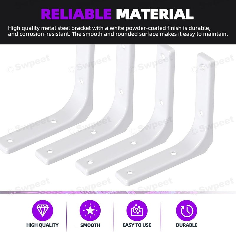 Swpeet 4 Pack 4"L x 4"H Iron Wall Shelf Bracket, Heavy Duty Shelf Support Bracket, Floating Shelf Bracket, Decorative Joint Angle L Steel Bracket Kit Contains 16/40MM Screws, Anchors for Home, White - Image 3