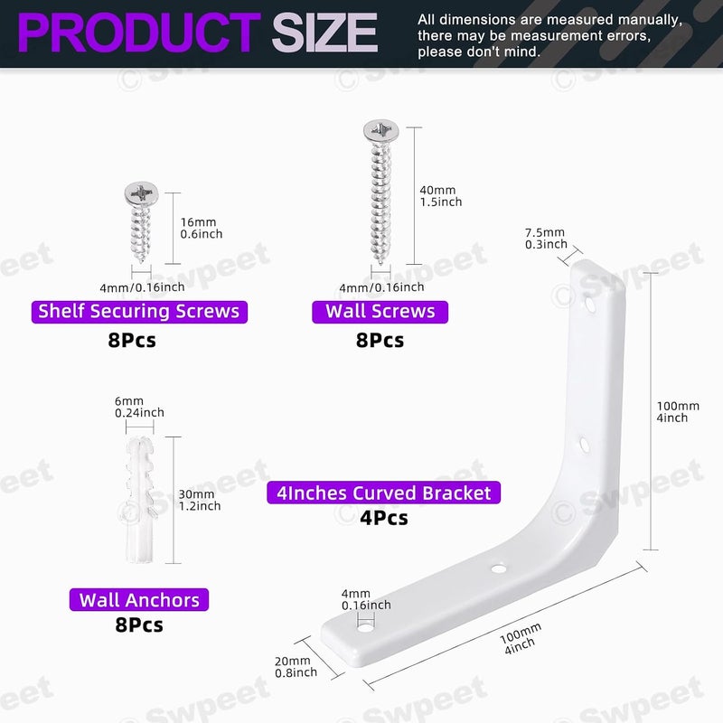 Swpeet 4 Pack 4"L x 4"H Iron Wall Shelf Bracket, Heavy Duty Shelf Support Bracket, Floating Shelf Bracket, Decorative Joint Angle L Steel Bracket Kit Contains 16/40MM Screws, Anchors for Home, White - Image 2