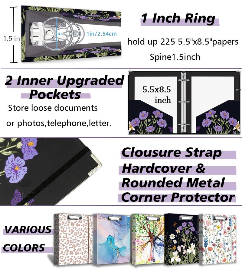 BVSSX Mini Binder 3 Ring 1 Inch for 5.5"x8.5" Paper, Cute Small Three Ring Binders with Clipboard, 5-Tab Dividers, Spine ID Label Holder, BVSSX A5 Binder with Pen Holder, Black Weeds - Image 5
