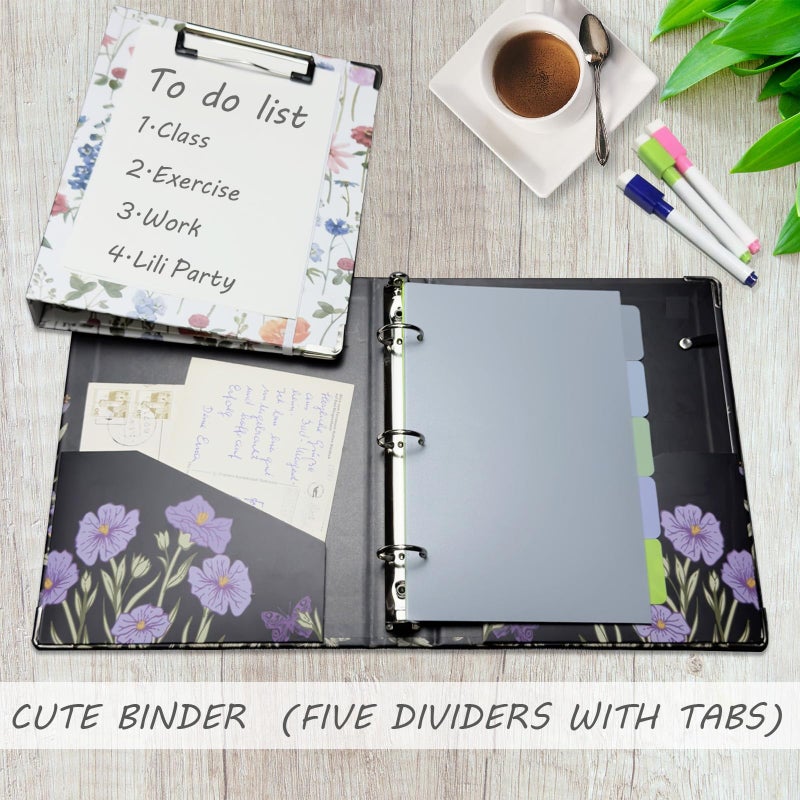 BVSSX Mini Binder 3 Ring 1 Inch for 5.5"x8.5" Paper, Cute Small Three Ring Binders with Clipboard, 5-Tab Dividers, Spine ID Label Holder, BVSSX A5 Binder with Pen Holder, Black Weeds - Image 3