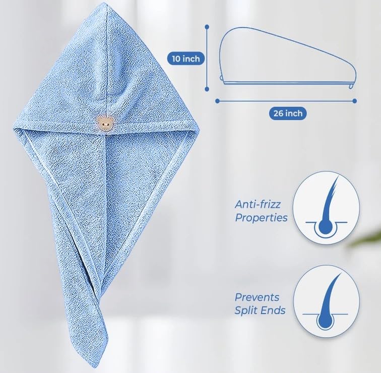 Fezora Hair Towel Wrap for Women (Pack of 2) | Quick-Dry Microfiber Hair Turban with Elastic Loop | Super Absorbent Hair Drying Towel for Ladies & Girls (Sky & Orange) - Image 3