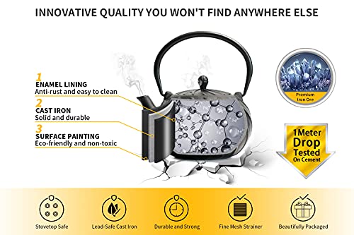 toptier Stovetop Tea Kettle, TOPTIER Japanese Cast Iron Tea Kettle with Infuser for Loose Leaf and Tea Bags, Cast Iron Teakettle Coated with Enameled Interior for 40 oz (1200 ml), Midnight Black - Image 2