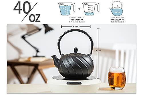 toptier Stovetop Tea Kettle, TOPTIER Japanese Cast Iron Tea Kettle with Infuser for Loose Leaf and Tea Bags, Cast Iron Teakettle Coated with Enameled Interior for 40 oz (1200 ml), Midnight Black - Image 4