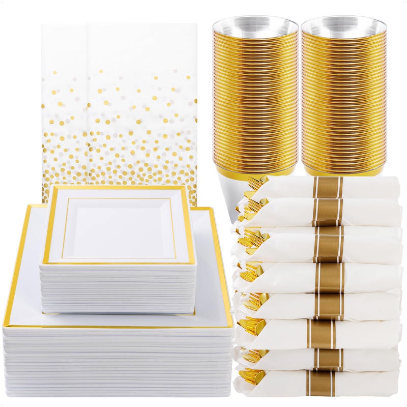 Goodluck 352Piece Dinnerware Set for 50 Guests  Thanksgiving Square Plastic Plates with Gold Trim Includes 100 Plates 50 Rolled Napkins 50 Cups 50 Cutlery Set and 2 Tablecloths