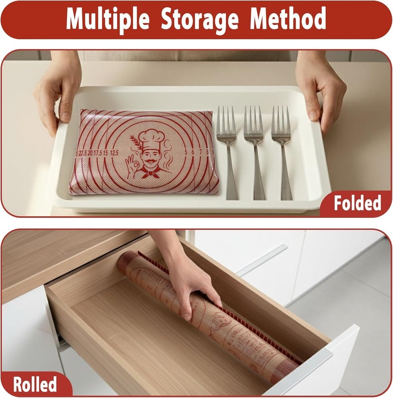 Silicone Baking Pastry Dough Mat Non Slip Rolling Mat with Measurement Guides, Thick Reusable Kneading Board for Bread, Pizza, Cookies, Fondant, Nonstick Baking Sheet for Kitchen Counter - Image 3