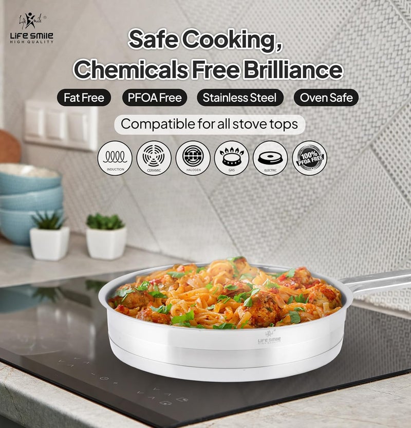 لايف سمايل مجموعة مقلاة LIFE SMILE - مجموعة ستانلس ستيل نقي 18/10 20/24/28 سم - قاعدة تحريض سميكة لمجموعة المقلاة - غير سامة، خالية 100% من PFOA وPTFE وPFOS - مقبض فضي - Image 3