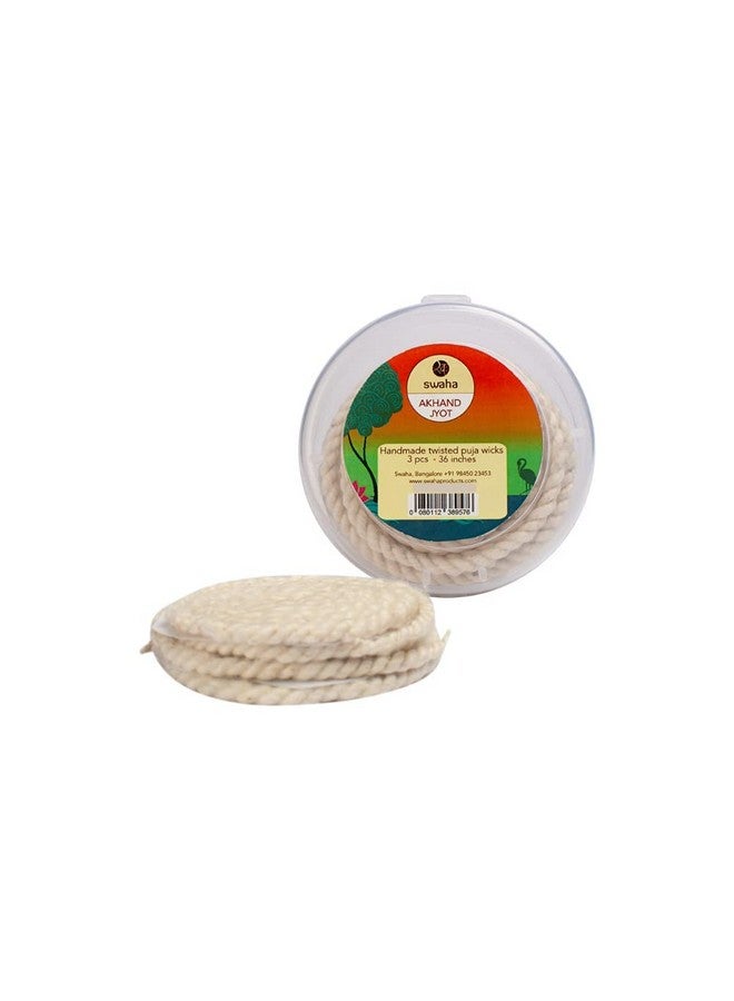 Swaha Twisted Akhandjyot Cotton Long Wick (3 Pieces), White Colour, Long Lasting (36 Inches, 9-15days Burning Time) Pure Cotton Wicks for Daily Pooja and Meditation - Pack of 3 - Image 1