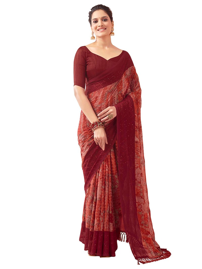 Satrani Women's Georgette Printed & Sequence Woven Work Saree with Unstitched Blouse Piece (3476S712N_Maroon & Orange & Multi) - Image 1