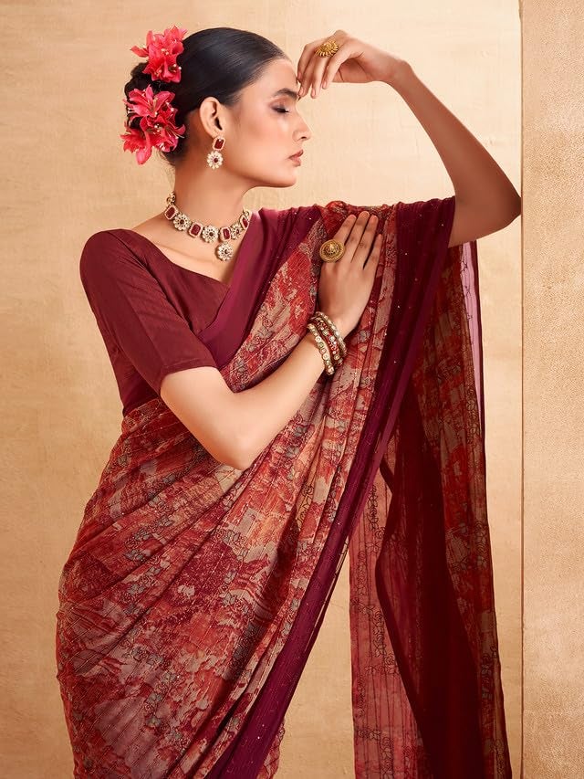 Satrani Women's Georgette Printed & Sequence Woven Work Saree with Unstitched Blouse Piece (3476S712N_Maroon & Orange & Multi) - Image 4