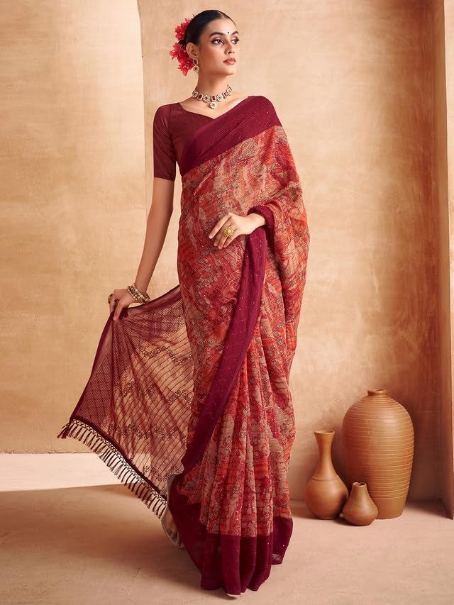 Satrani Women's Georgette Printed & Sequence Woven Work Saree with Unstitched Blouse Piece (3476S712N_Maroon & Orange & Multi) - Image 3